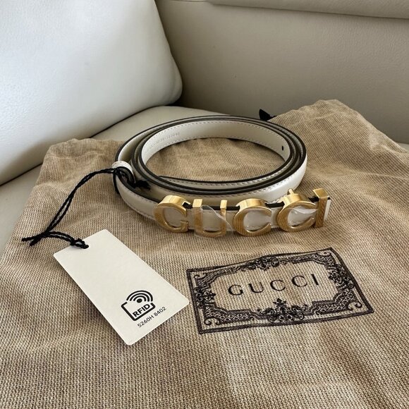 NEW GUCCI LOGO WHITE THIN BELT SIZE 105 Cm 42 In 100% Authentic - Picture 4 of 8